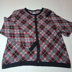 Vintage Southern Lady Cardigan Womens‎ Large Acrylic Red Black Plaid Pattern USA
